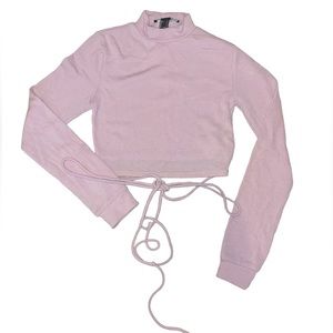 Pink Cropped Mock Neck Tie Waist Sweater Top